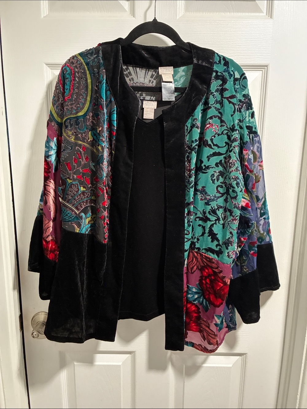 Chico's Black Velvet Open Patchwork Jacket